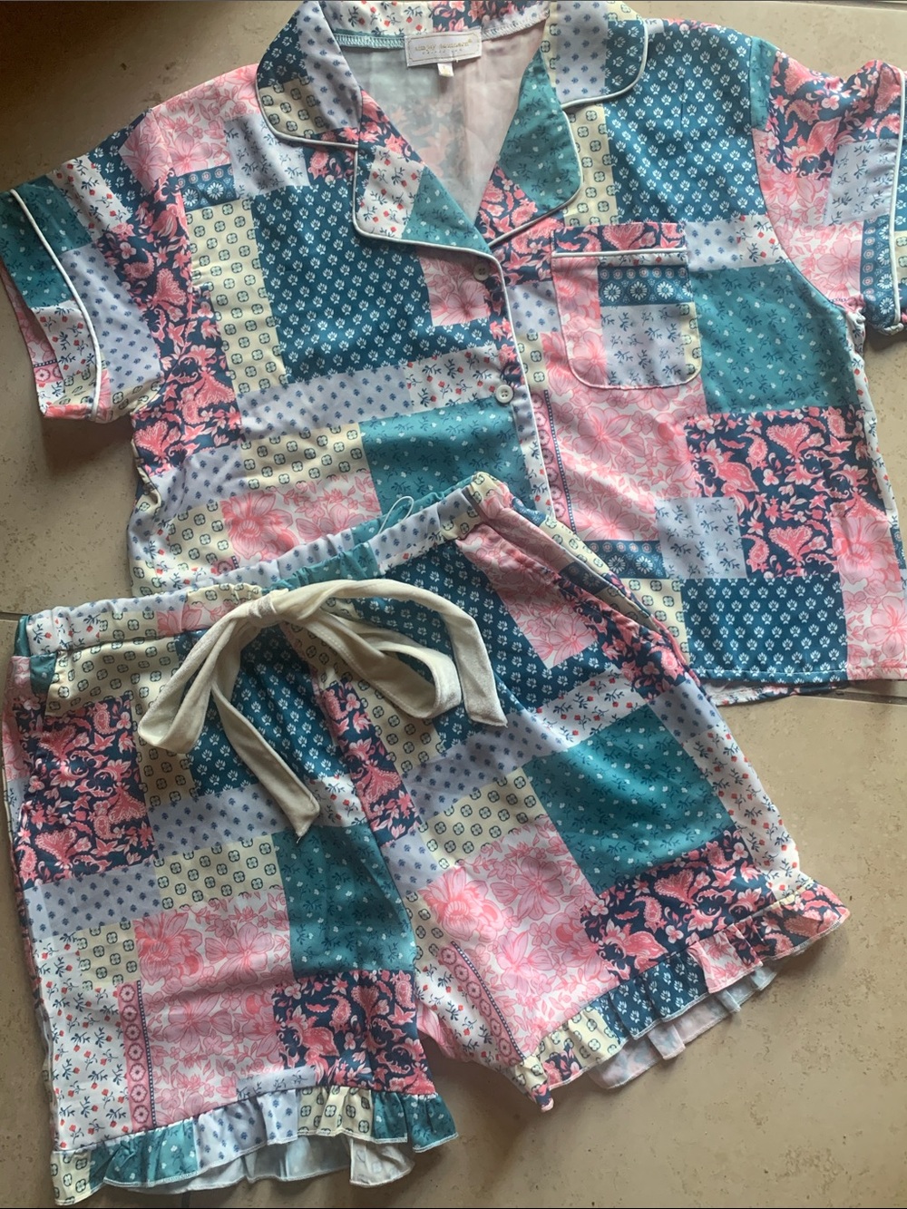Simply Southern Girls Patchwork Print Short Pajama Set - Pink & Teal
